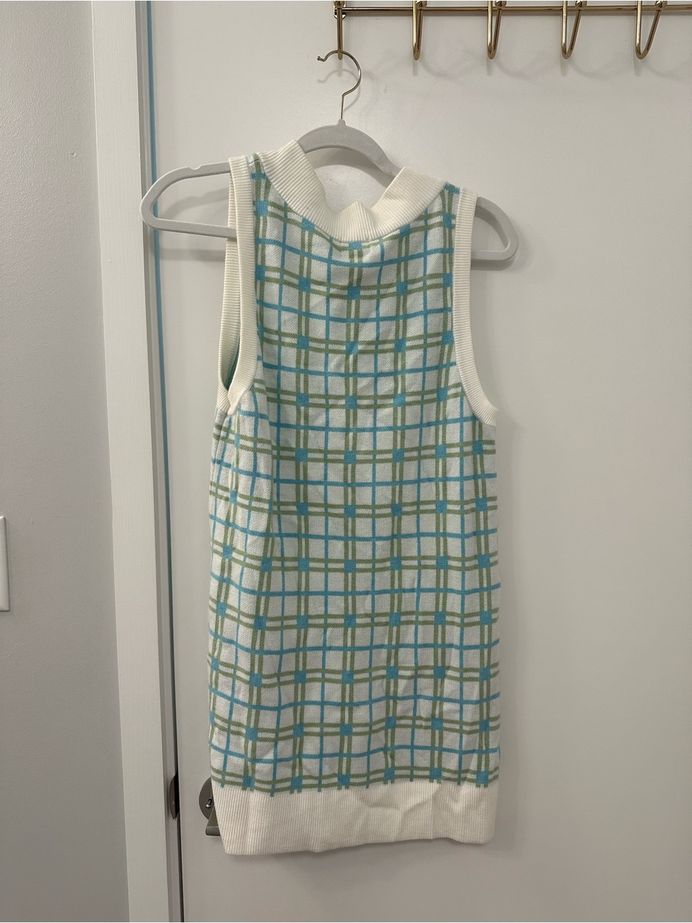 Mumu Sleeveless Plaid V-Neck Knit Tank Dress - White with Aqua & Olive - Picture 3 of 3